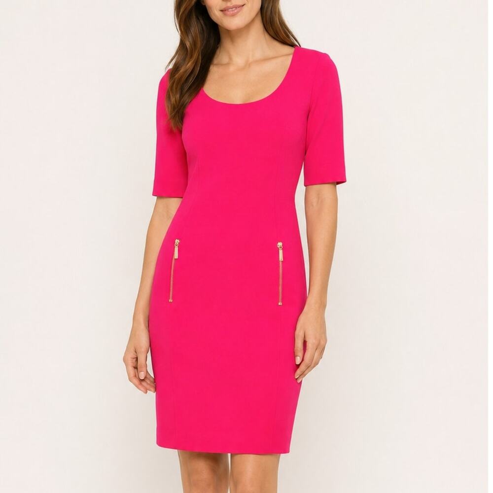 Ann Taylor Hot Pink Sheath Dress Size 4 Gold Zip Pockets